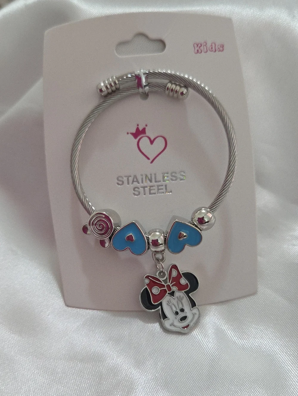 Kids Stainless Steel Minnie Mouse Charm Bracelet - Blue & Red